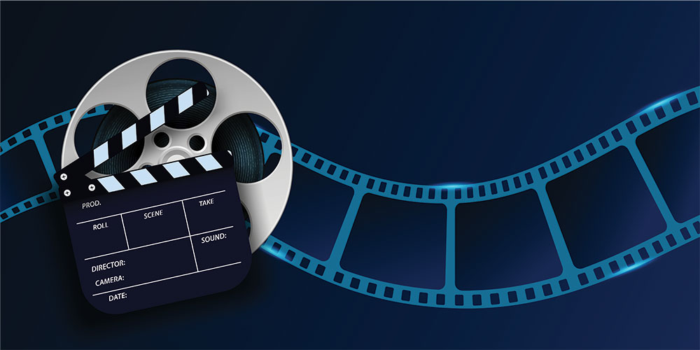 Cinema film strip wave, film reel and clapper board isolated on blue background.