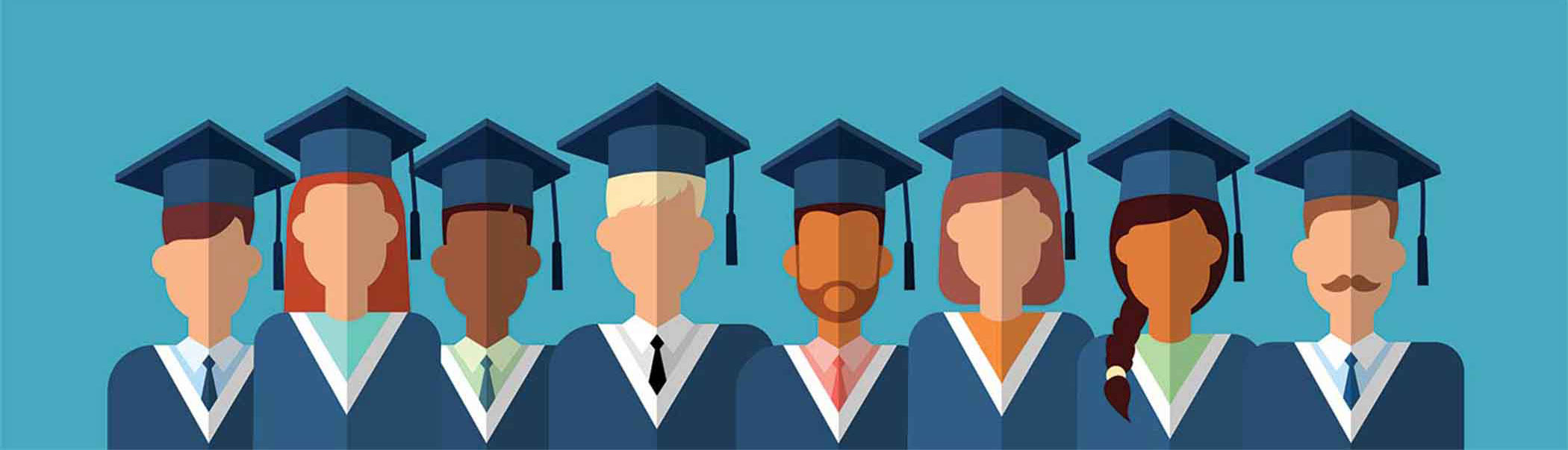 Illustration of diverse graduates wearing caps and gowns standing side by side against a blue background